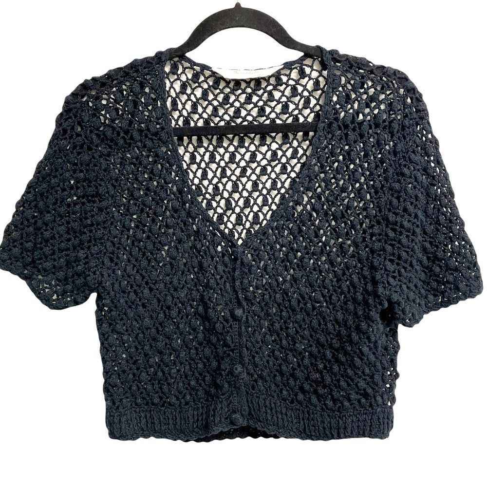 Anthro Kroshetta Papillon Black Crochet Knit Button Front Cardigan Sweater S